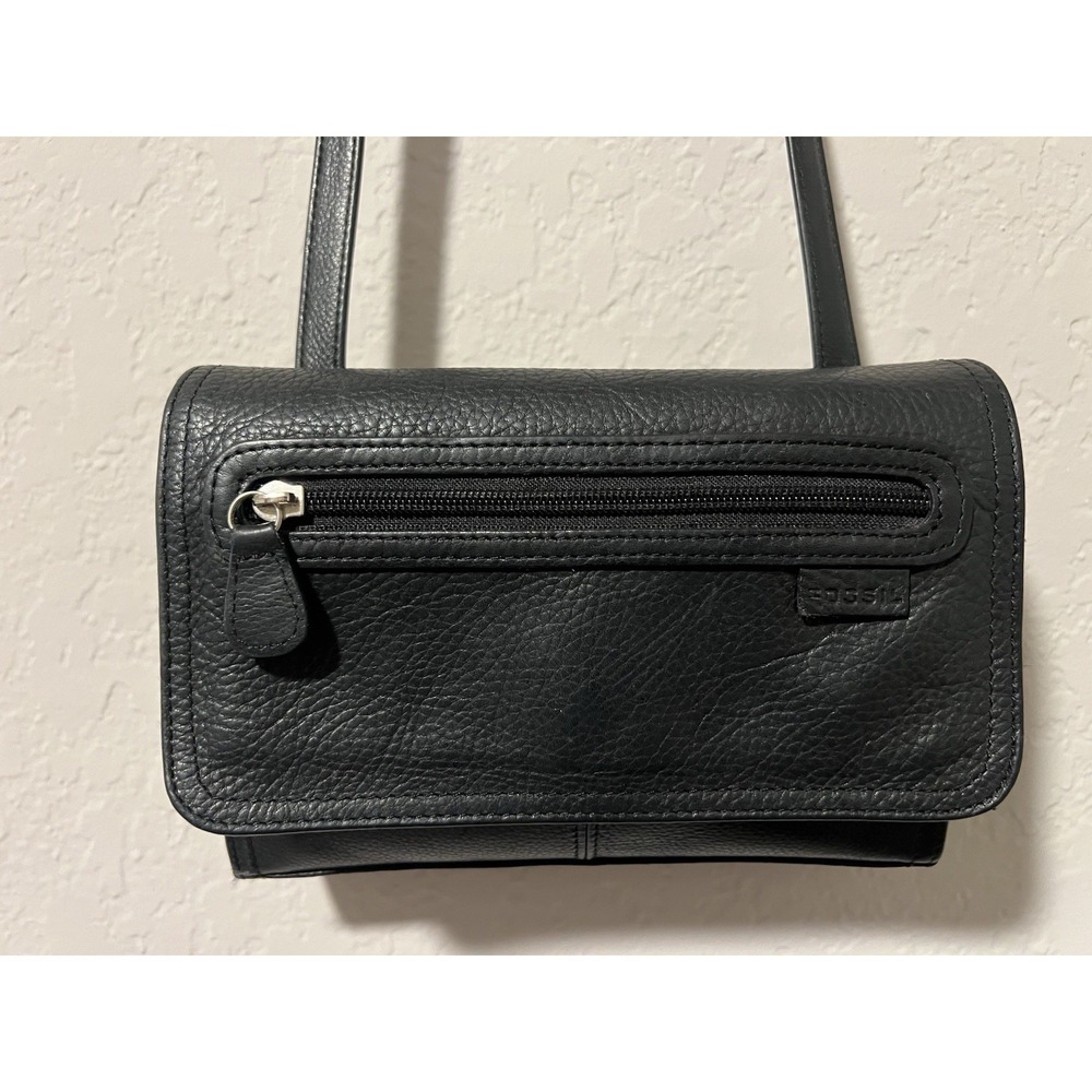 Fossil Black Pebble Leather Small Crossbody Purse W/Built In Wallet - Vintage